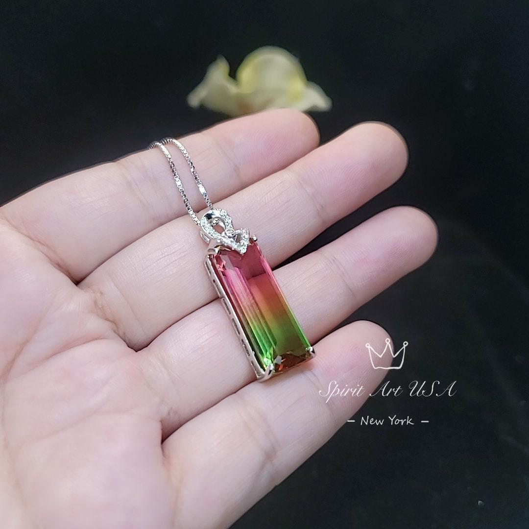 Watermelon Tourmaline Rectangle Necklace full Sterling Silver Rainbow Pink Lab Created Tourmaline Pendant #978