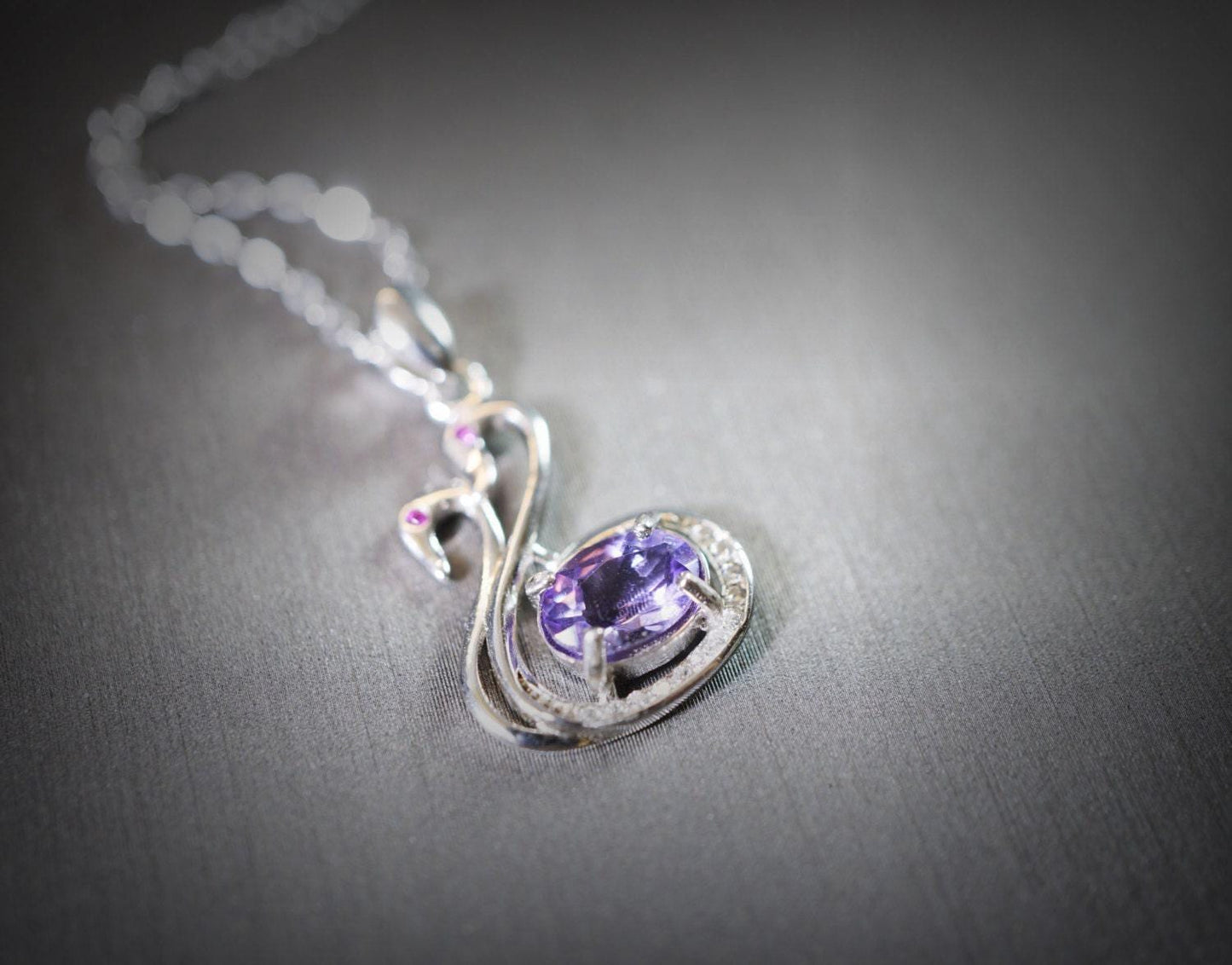 Natural Amethyst Necklace - Tiny Sterling Silver Couple Swan Necklace, Tiny Genuine Amethyst Pendant , Bird Animal Yoga Jewelry 1109