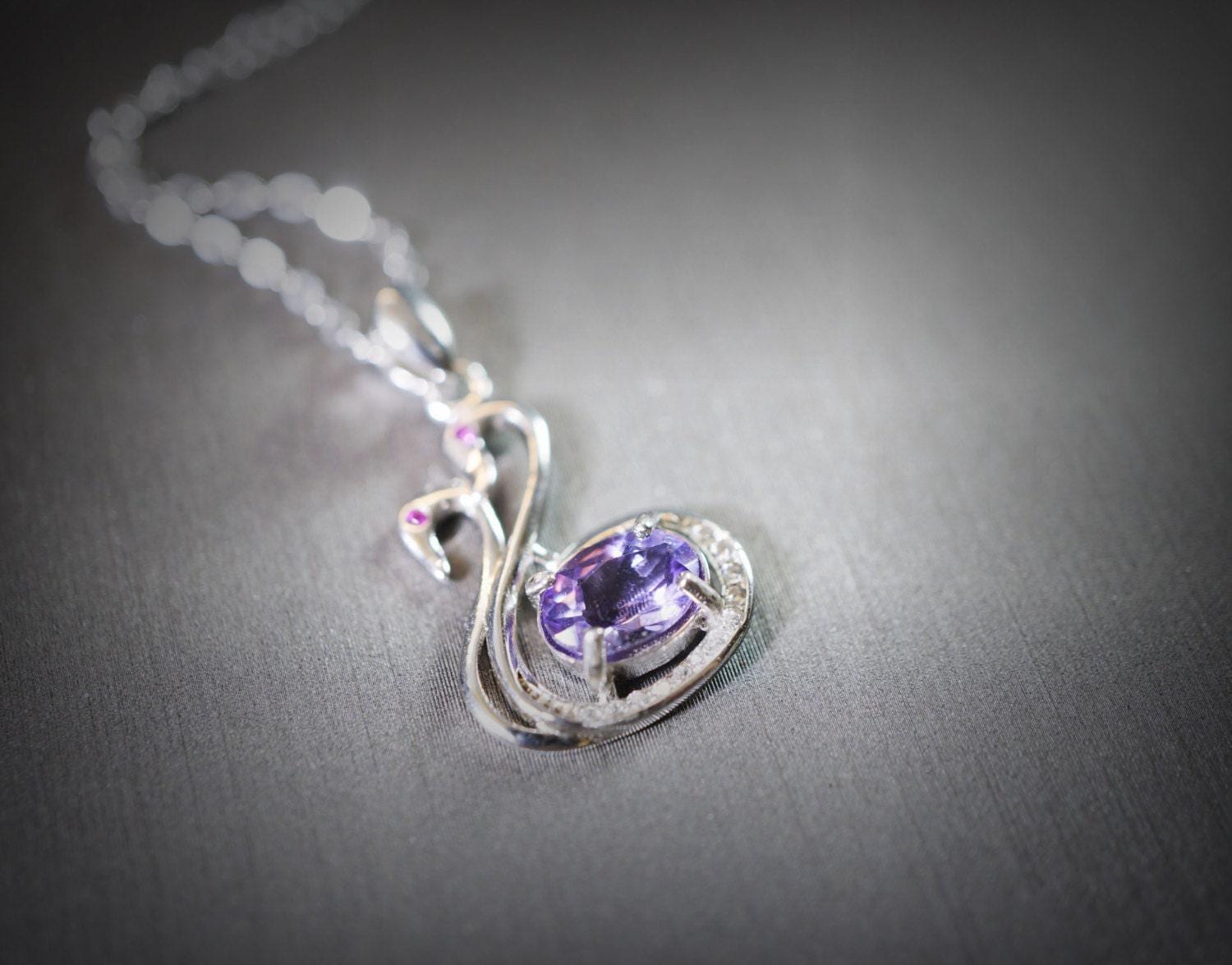 Natural Amethyst Necklace - Tiny Sterling Silver Couple Swan Necklace, Tiny Genuine Amethyst Pendant , Bird Animal Yoga Jewelry 1109
