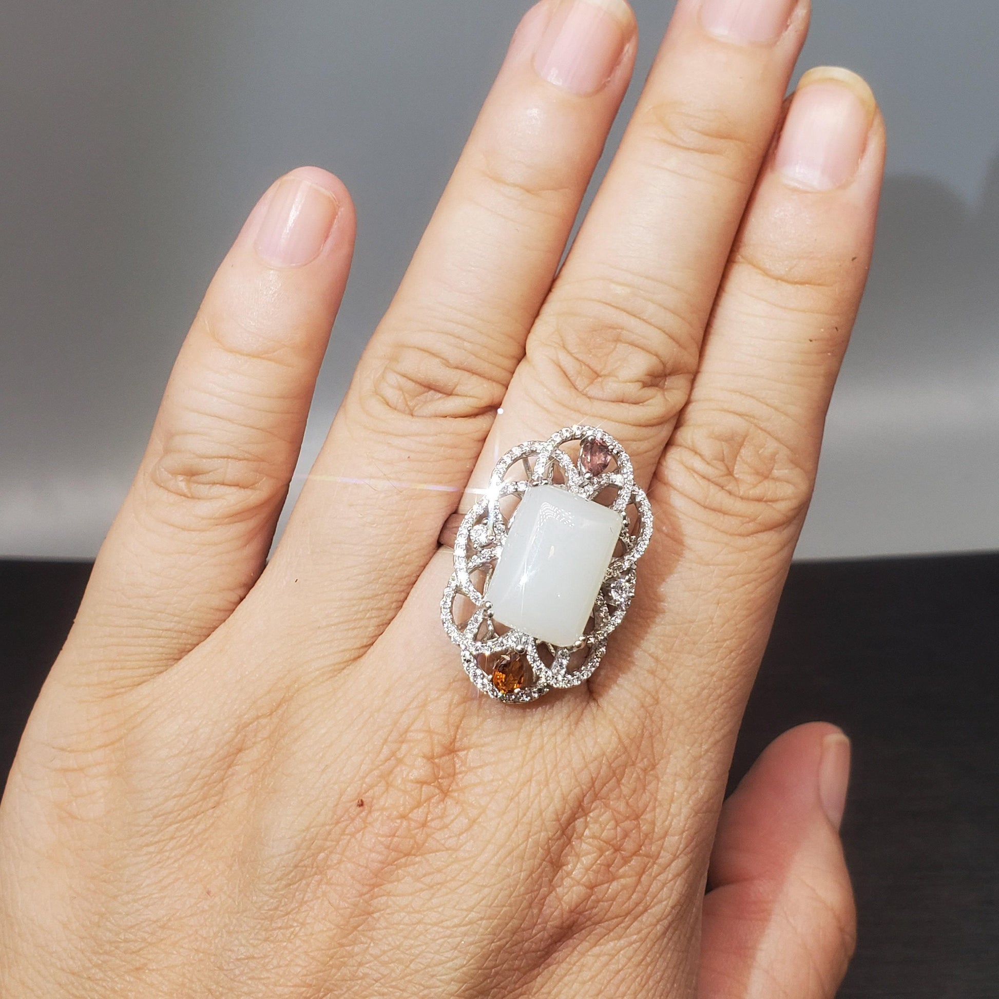 Genuine White Jade Ring Sterling Silver Jade Jewelry 1075