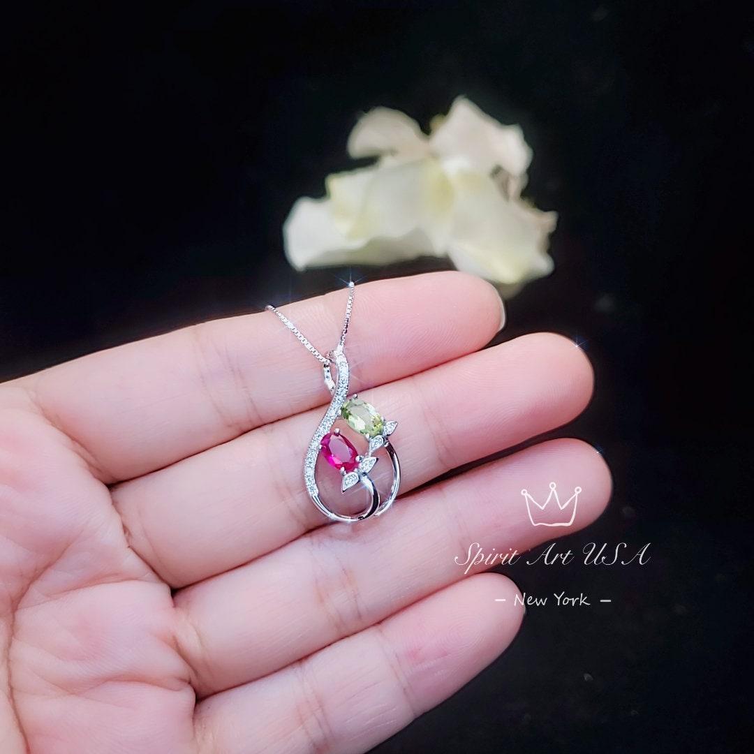 Dainty Ruby Necklace, Sterling Silver Green Peridot Necklace, Delicate Gemstone Flower High Quality Red Ruby Peridot Pendant #237