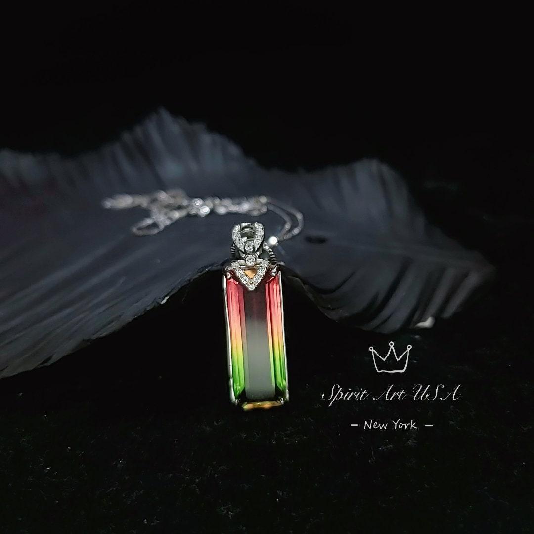Watermelon Tourmaline Rectangle Necklace full Sterling Silver Rainbow Pink Lab Created Tourmaline Pendant #978