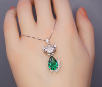 Emerald Necklace - Sterling Silver Green Gemstone Fox Pendant - 18KGP - Emerald Pets Lover Necklace #436