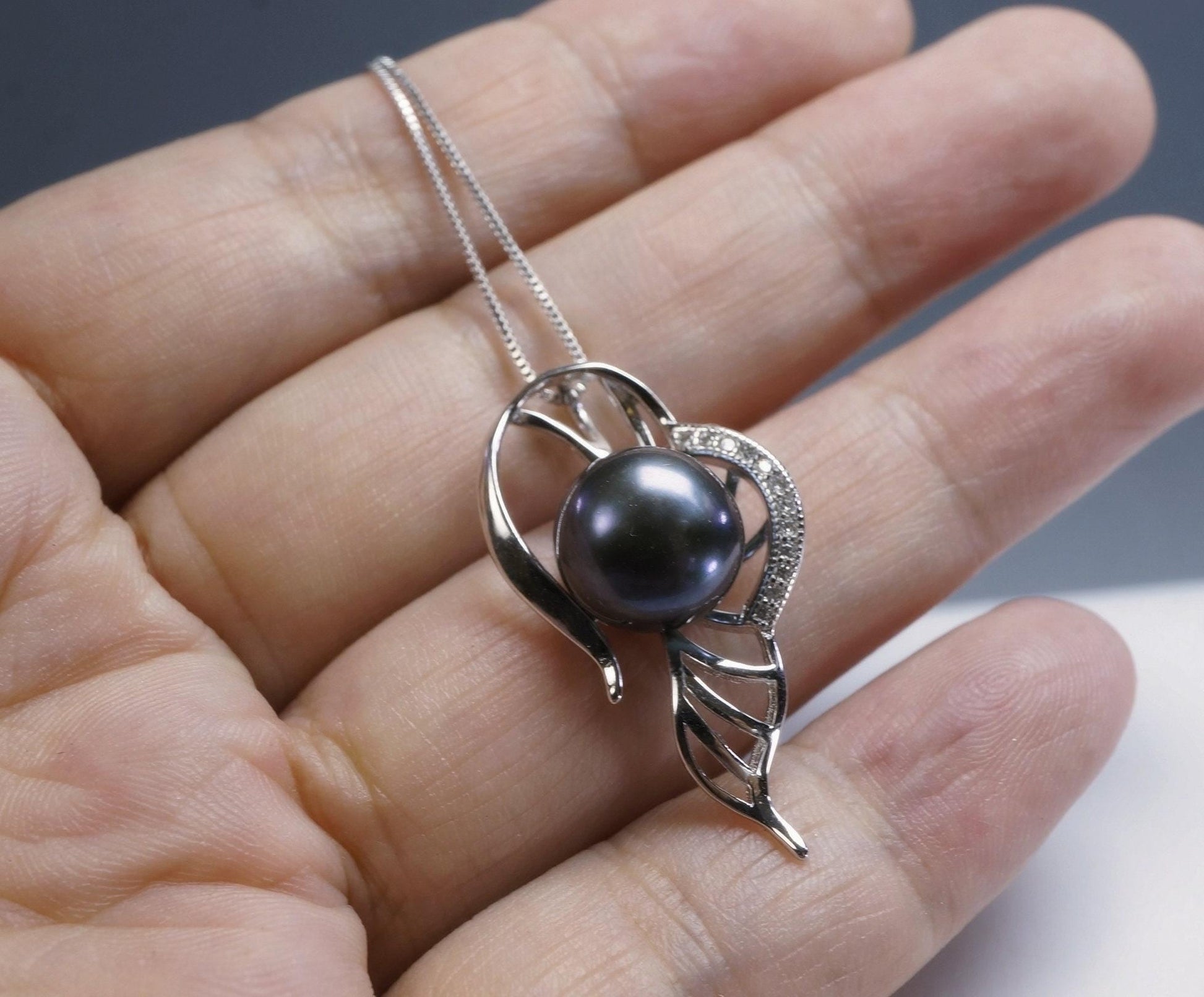 Genuine Black Pearl Necklace - Sterling Silver Leaf Single Pearl Jewelry #467