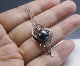 Genuine Black Pearl Necklace - Sterling Silver Leaf Single Pearl Jewelry #467