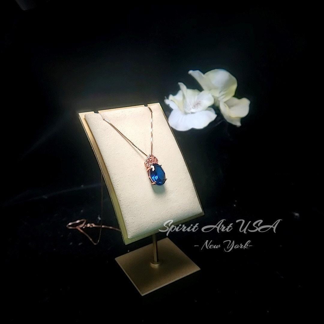 Sapphire Necklace Rose gold Sterling Silver - Large Gemstone Crown - 5 CT Oval Cut Lab Created Blue Sapphire Pendant #829