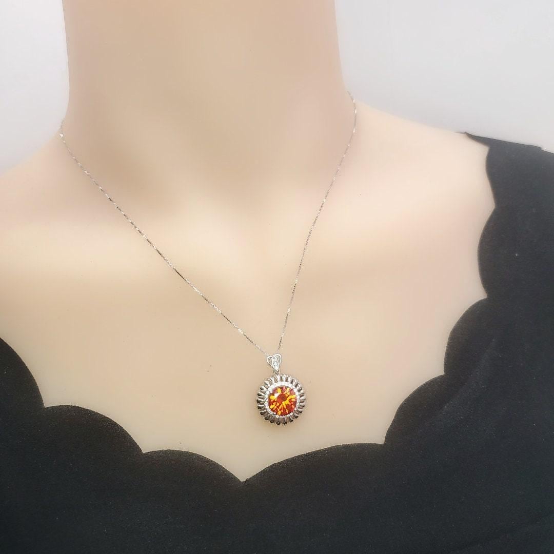 Tangerine Sapphire Sunstone Necklace - 18KGP Sunflower Pendant Full Sterling Silver Sunstone Jewelry Orange Spessartite Garnet Necklace #506