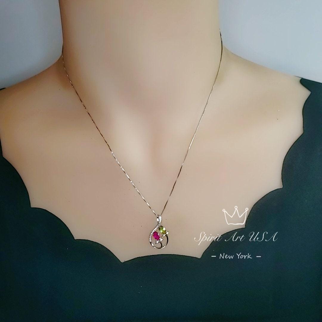 Dainty Ruby Necklace, Sterling Silver Green Peridot Necklace, Delicate Gemstone Flower High Quality Red Ruby Peridot Pendant #237