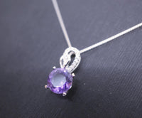 Genuine Amethyst Necklace - Sterling Silver - 8 mm 2 CT Round Solitaire - Natural Amethyst Pendant #263