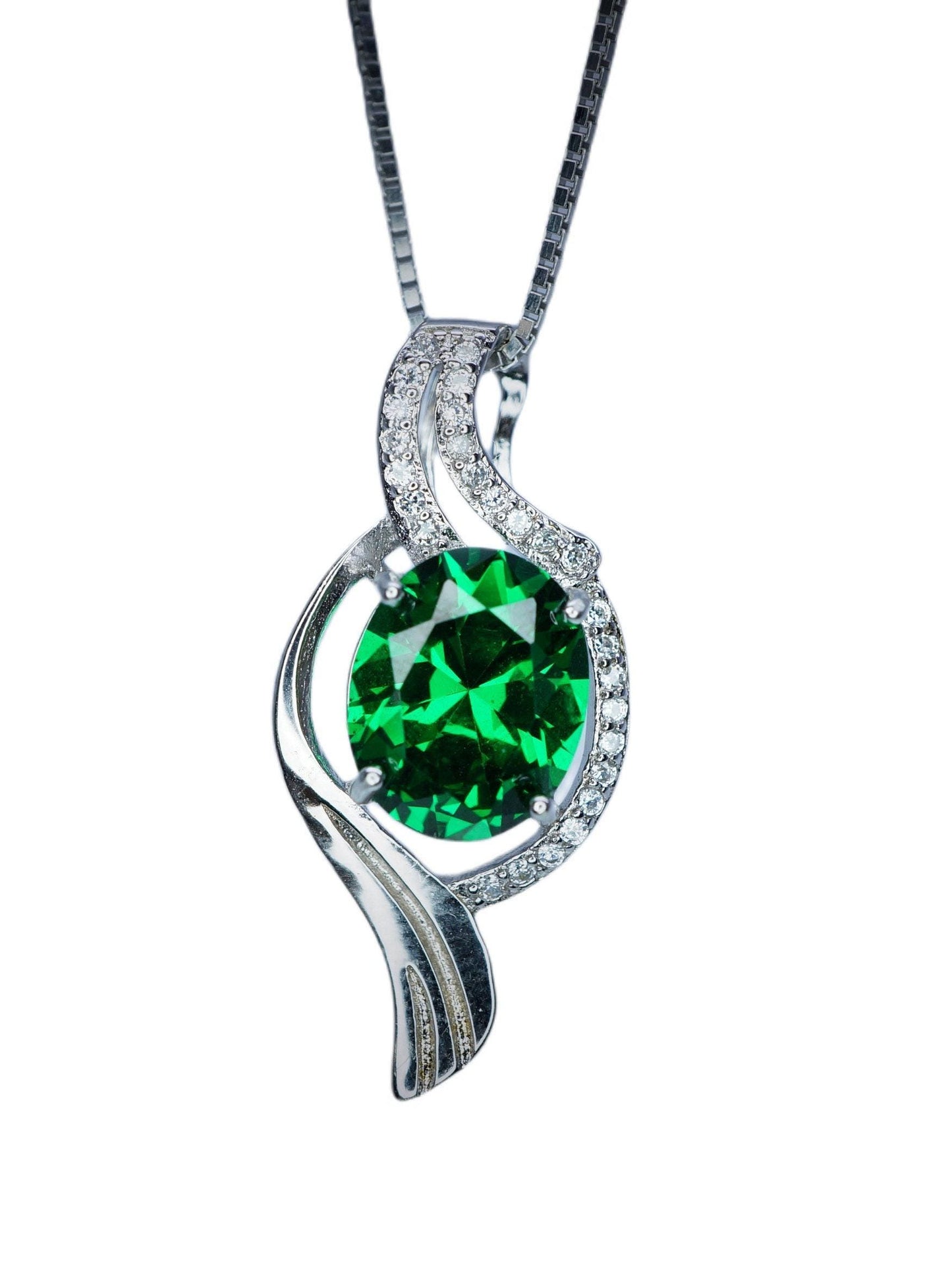 Large Gemstone Wave Emerald Necklace White Gold coated Sterling Silver 2.8 CT Green Oval Emerald Pendant #611