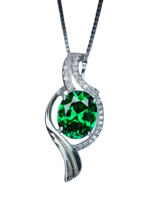 Large Gemstone Wave Emerald Necklace White Gold coated Sterling Silver 2.8 CT Green Oval Emerald Pendant #611