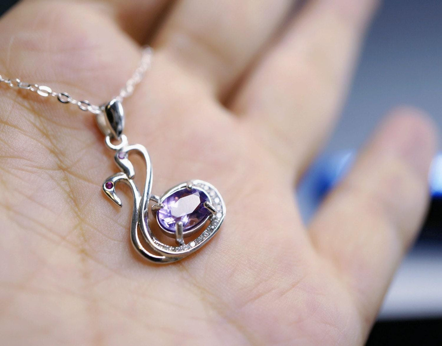 Natural Amethyst Necklace - Tiny Sterling Silver Couple Swan Necklace, Tiny Genuine Amethyst Pendant , Bird Animal Yoga Jewelry 1109
