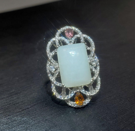 Genuine White Jade Ring Sterling Silver Adjustable Jade Jewelry 1075