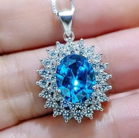 Swiss Blue Topaz Necklace - Double Gemstone Halo White Gold coated Sterling Silver High Quality 3 CT Blue Topaz Pendant #616
