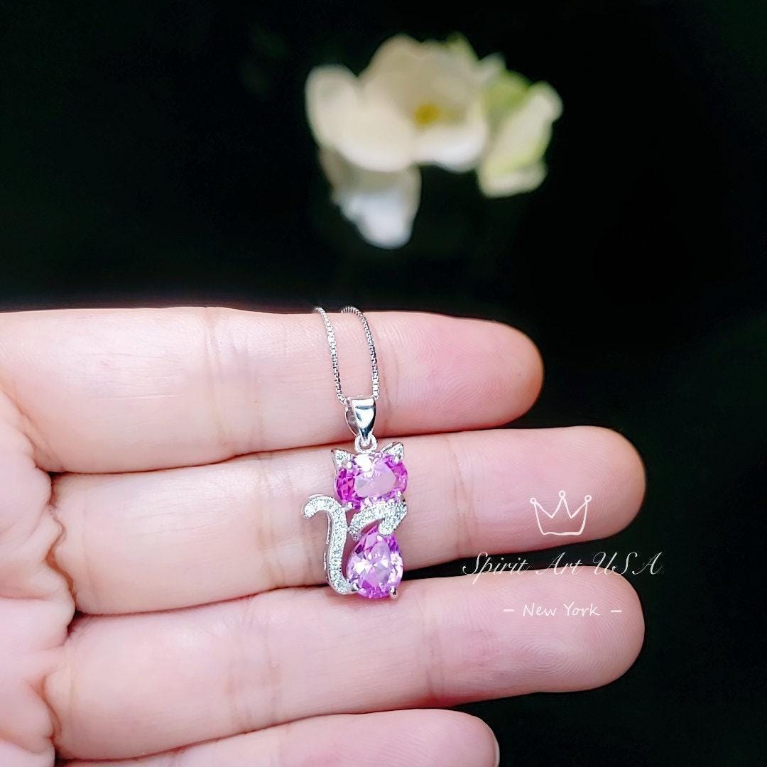 Cat Pink Tourmaline Necklace, Kitty Cat Pendant Gemstone White Gold Plated Sterling Silver Pets Lover Jewelry #213