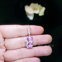 Cat Pink Tourmaline Necklace, Kitty Cat Pendant Gemstone White Gold Plated Sterling Silver Pets Lover Jewelry #213