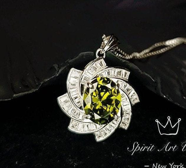 Green Peridot Spiral Necklace - White Gold coated Sterling Silver - Milky Way Spiral Galaxy Energy Vortexes Windmill Pendant #849