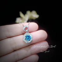 Blue Topaz Necklace - Silver Rose Flower Necklace - White Gold coated - November Birthstone - Dainty Gemstone Flower Blue Topaz Jewelry #955