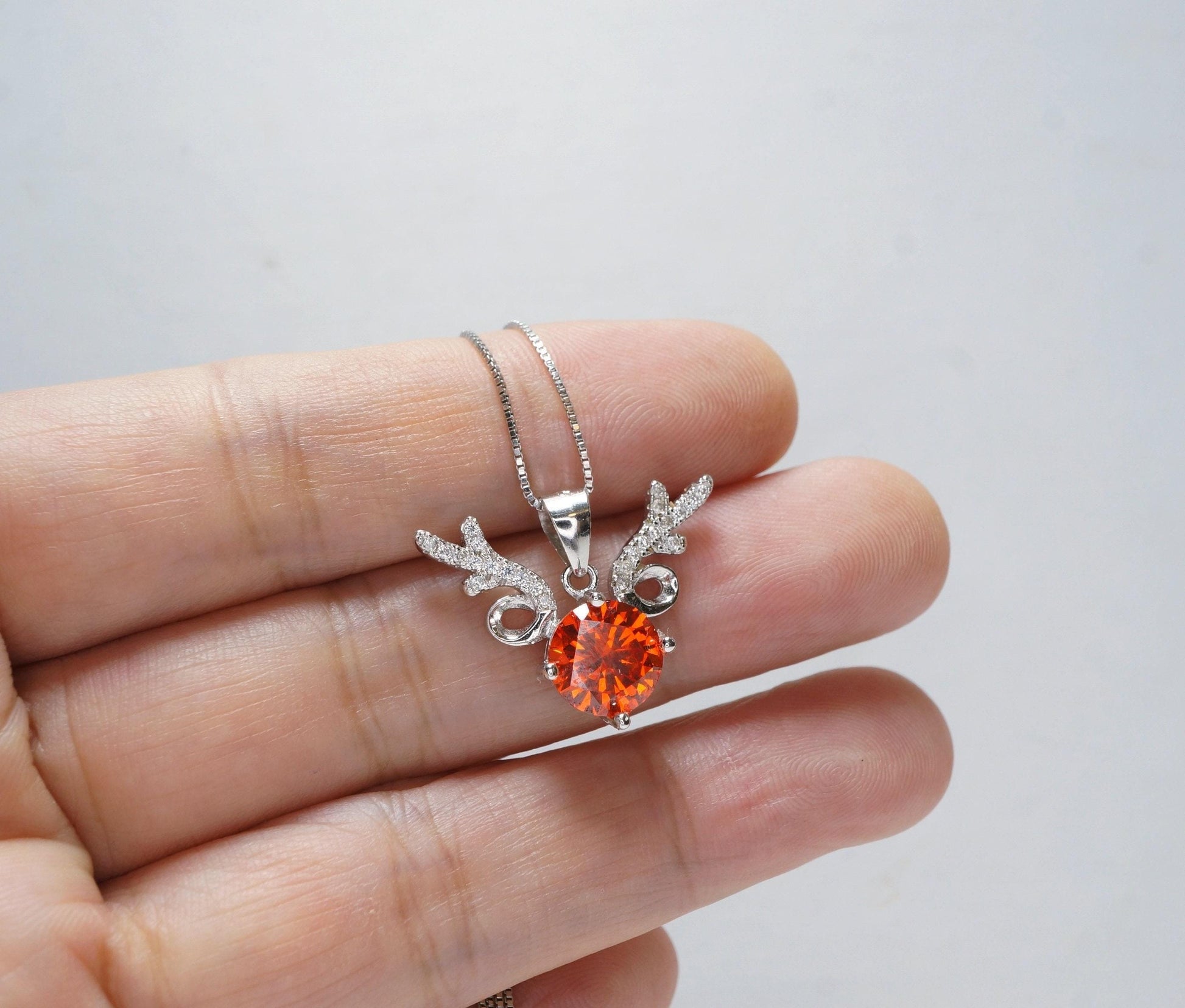 Orange Sunstone Necklace - High Quality Sterling Silver 2 CT Red Orange Spessartite Garnet Deer Antler Necklace #273
