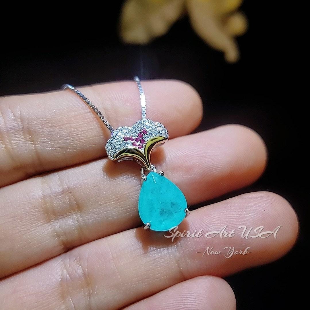 Paraiba Tourmaline Necklace - Ginkgo biloba Pendant - 18KGP Sterling Silver Large Teardrop 3.5 CT Paraiba Pendant Diamond Leaf Jewelry #685