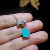 Paraiba Tourmaline Necklace - Ginkgo biloba Pendant - 18KGP Sterling Silver Large Teardrop 3.5 CT Paraiba Pendant Diamond Leaf Jewelry #685