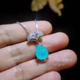 Paraiba Tourmaline Necklace - Ginkgo biloba Pendant - 18KGP Sterling Silver Large Teardrop 3.5 CT Paraiba Pendant Diamond Leaf Jewelry #685