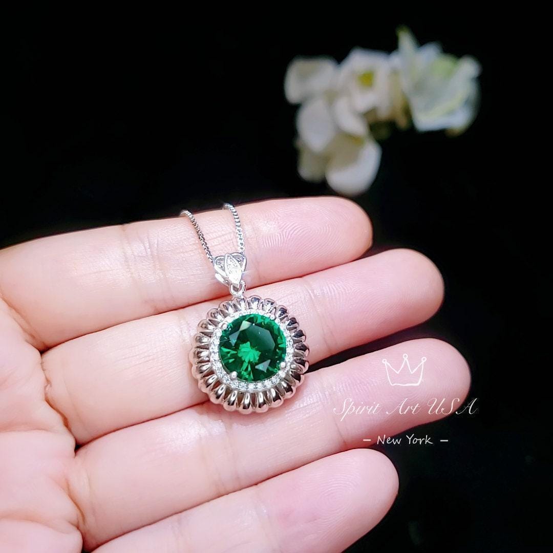 Large Emerald Necklace - Sterling Silver Sunflower Sun Necklace 4 Ct Green Gemstone Halo Emerald May Birthstone Gift #491