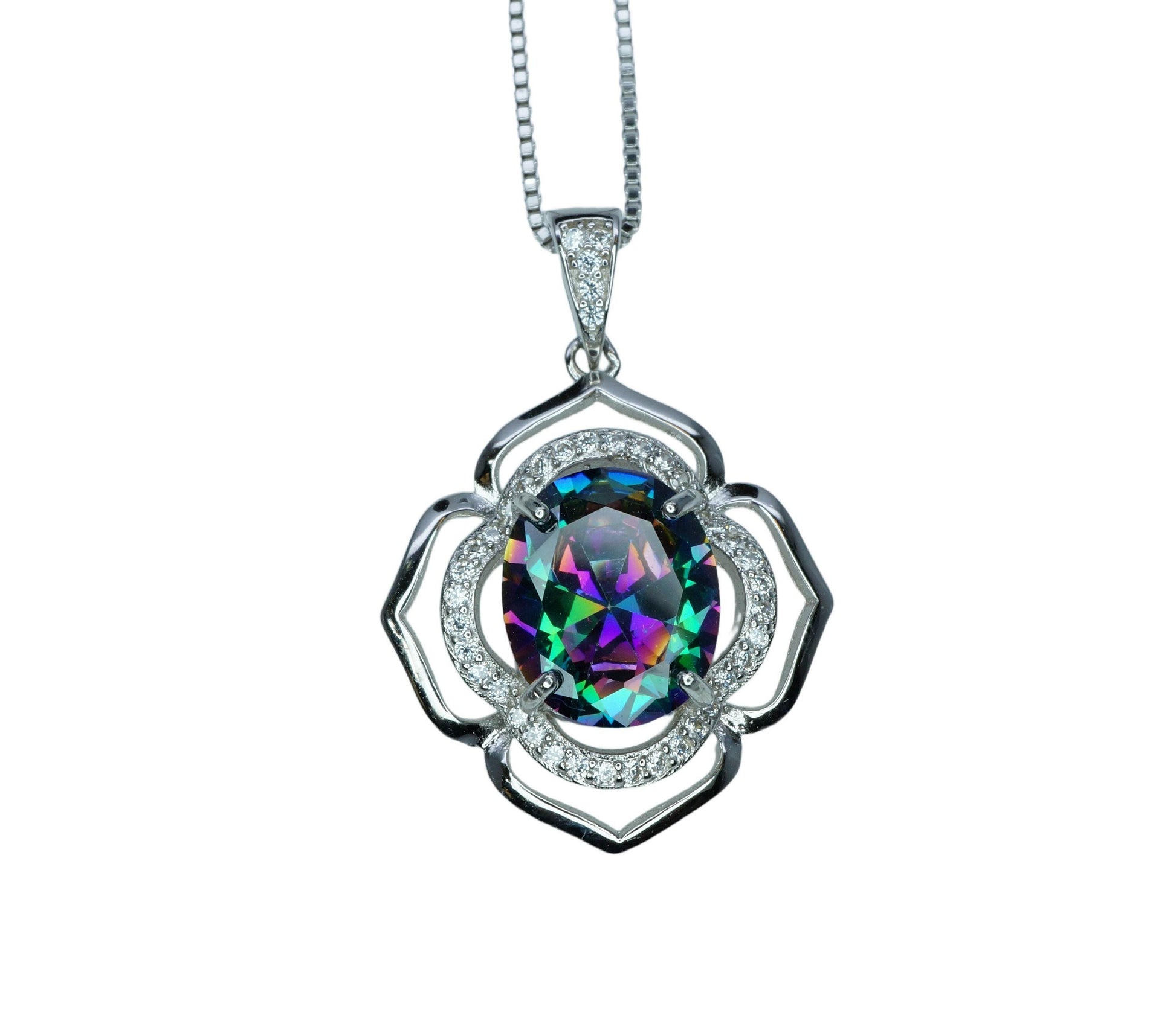 Large Mystic Topaz Necklace 4.5 ct -Sterling Silver White Gold Flower Of Life Pendant #551