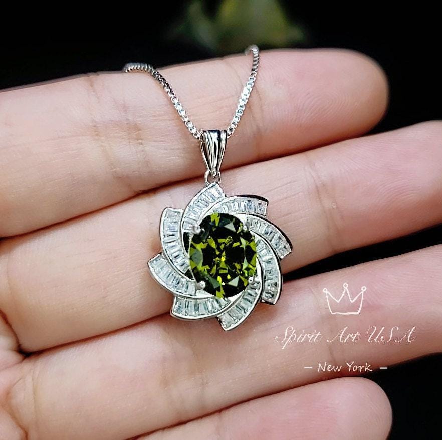 Green Peridot Spiral Necklace - White Gold coated Sterling Silver - Milky Way Spiral Galaxy Energy Vortexes Windmill Pendant #849