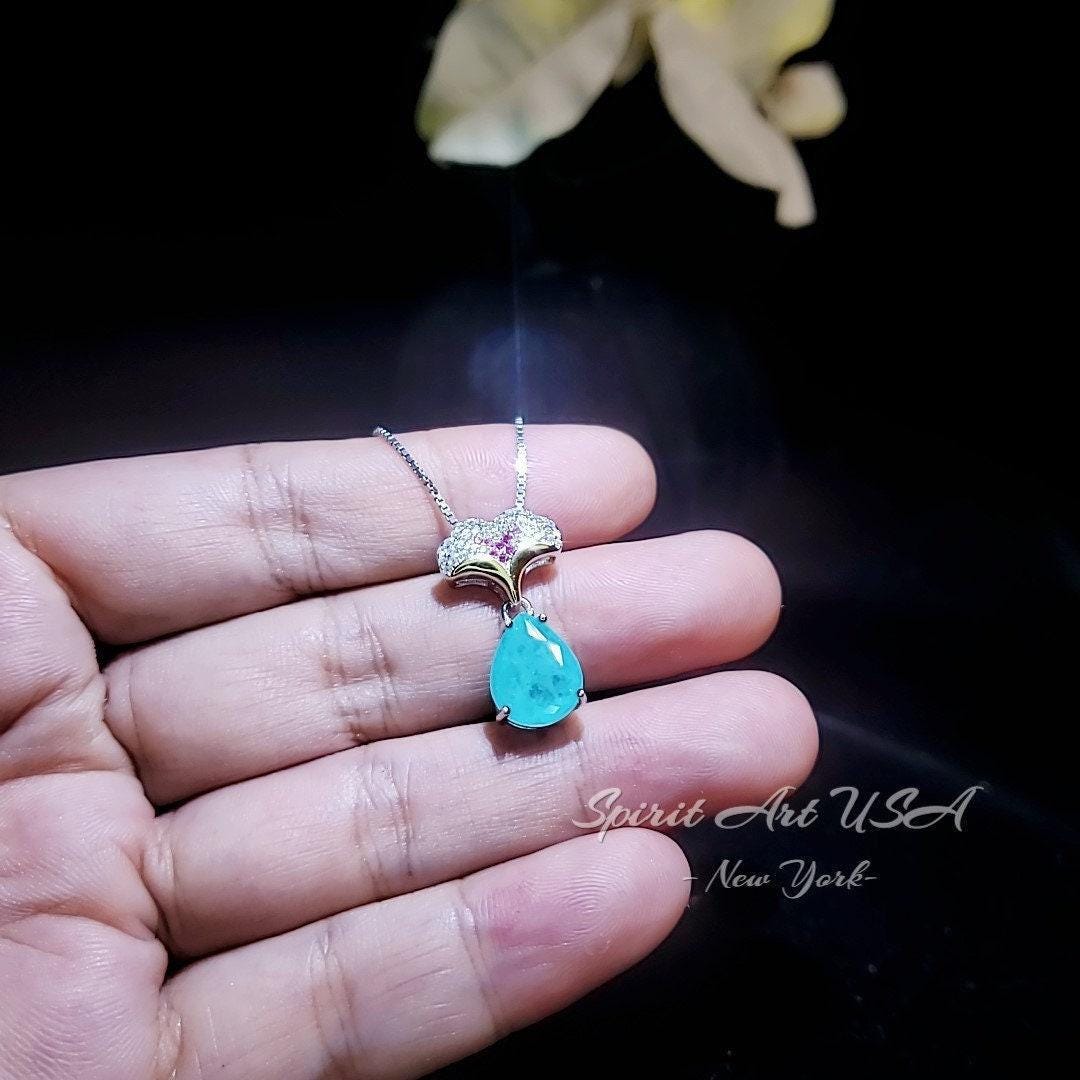 Paraiba Tourmaline Necklace - Ginkgo biloba Pendant - 18KGP Sterling Silver Large Teardrop 3.5 CT Paraiba Pendant Diamond Leaf Jewelry #685
