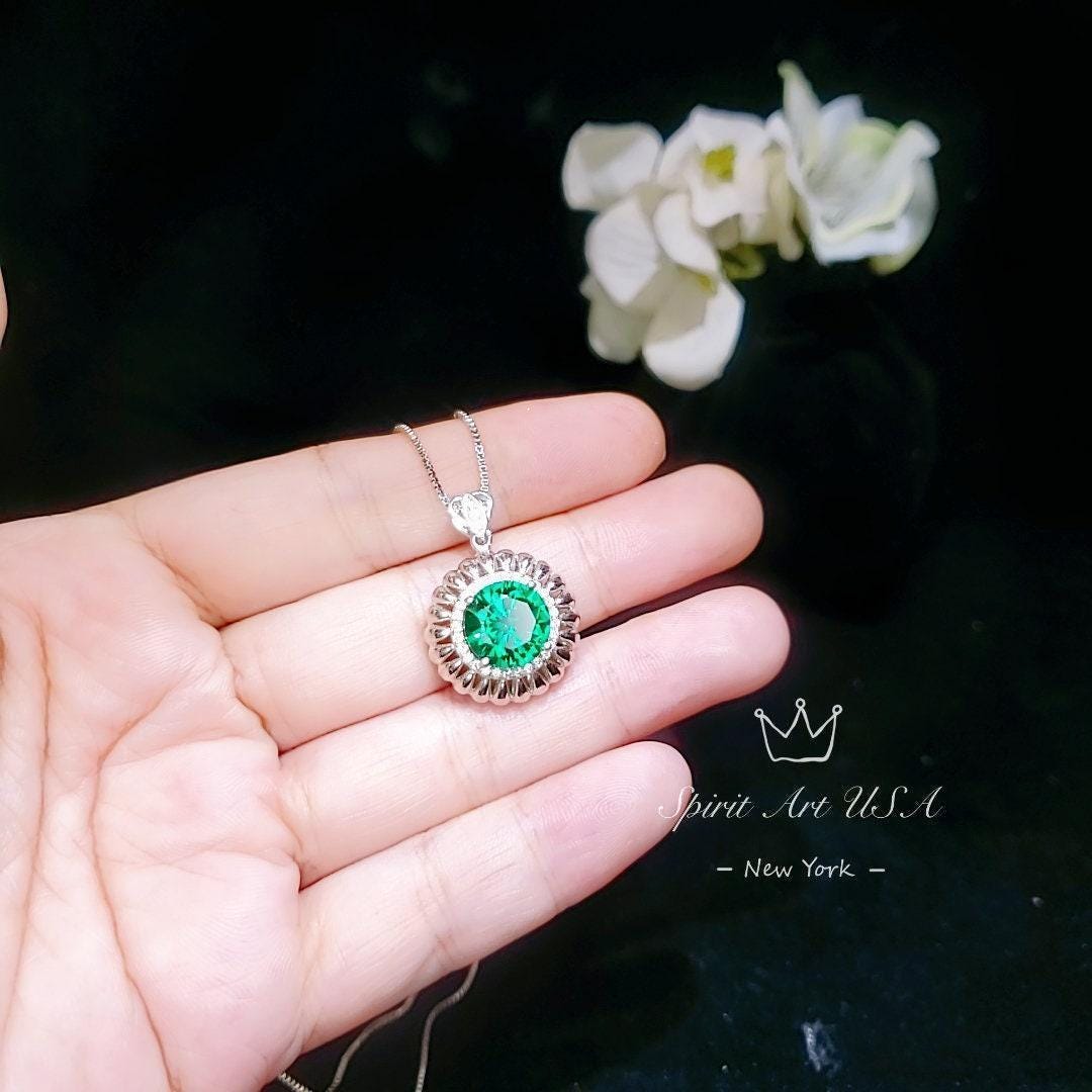 Large Emerald Necklace - Sterling Silver Sunflower Sun Necklace 4 Ct Green Gemstone Halo Emerald May Birthstone Gift #491