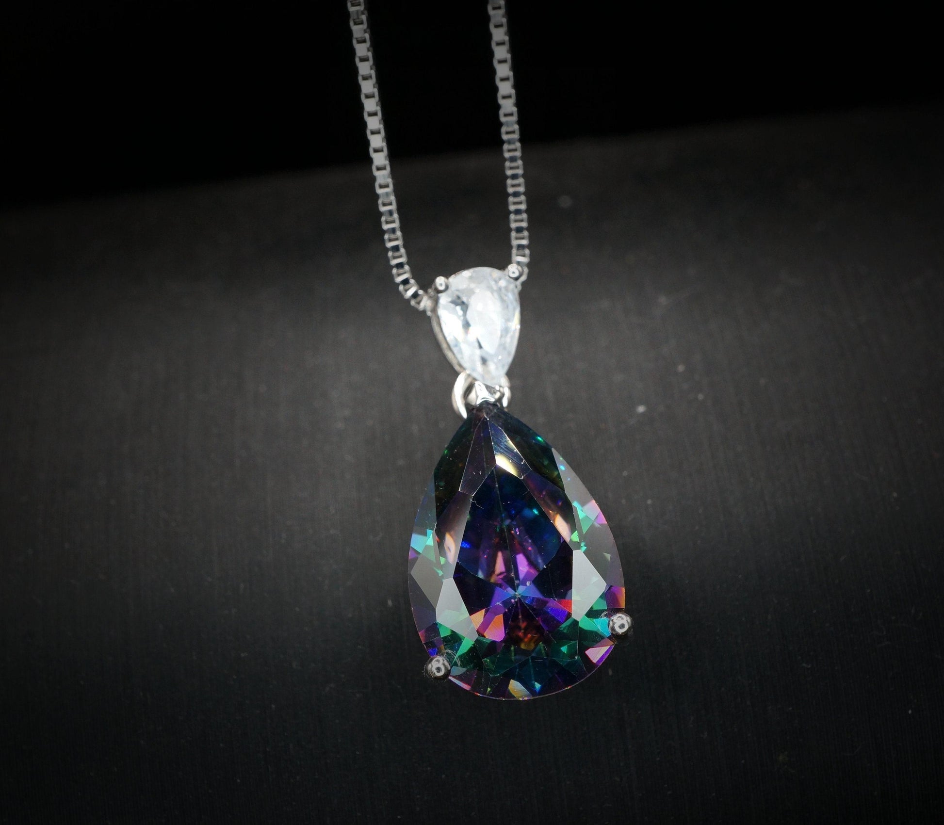 Large Teardrop Mystic Topaz Necklace - White Gold Plated Sterling Silver - Pear 6 CT Rainbow Topaz Pendant #565