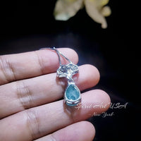 Paraiba Tourmaline Necklace - Ginkgo biloba Pendant - 18KGP Sterling Silver Large Teardrop 3.5 CT Paraiba Pendant Diamond Leaf Jewelry #685