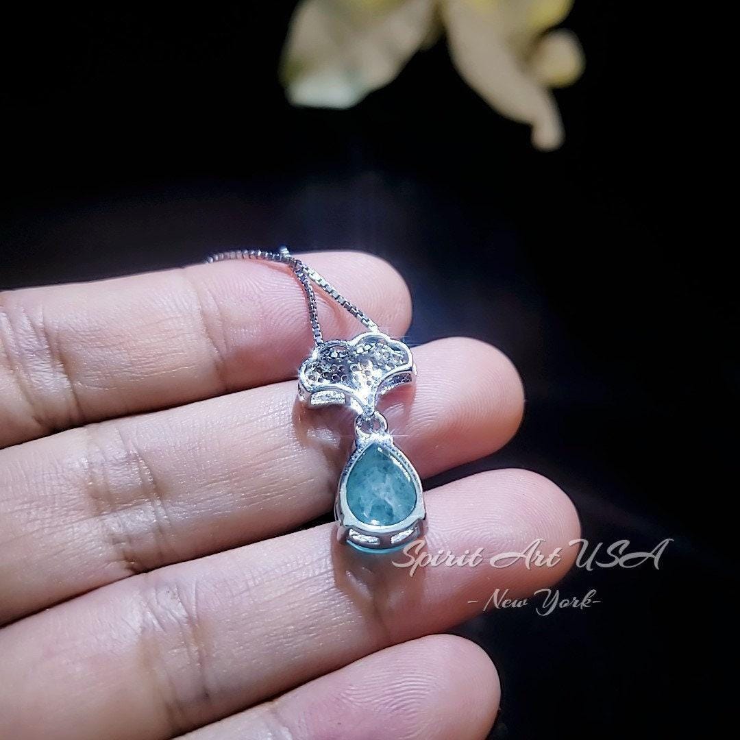 Paraiba Tourmaline Necklace - Ginkgo biloba Pendant - 18KGP Sterling Silver Large Teardrop 3.5 CT Paraiba Pendant Diamond Leaf Jewelry #685