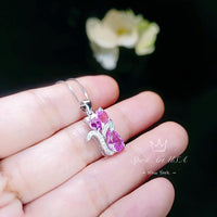 Cat Pink Tourmaline Necklace, Kitty Cat Pendant Gemstone White Gold Plated Sterling Silver Pets Lover Jewelry #213