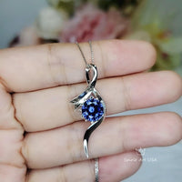 Blue Sapphire Necklace White Gold Sterling Silver Dynamic Bow Swirl 2 CT Blue Pendant September Birthstone Infinity S Style #558