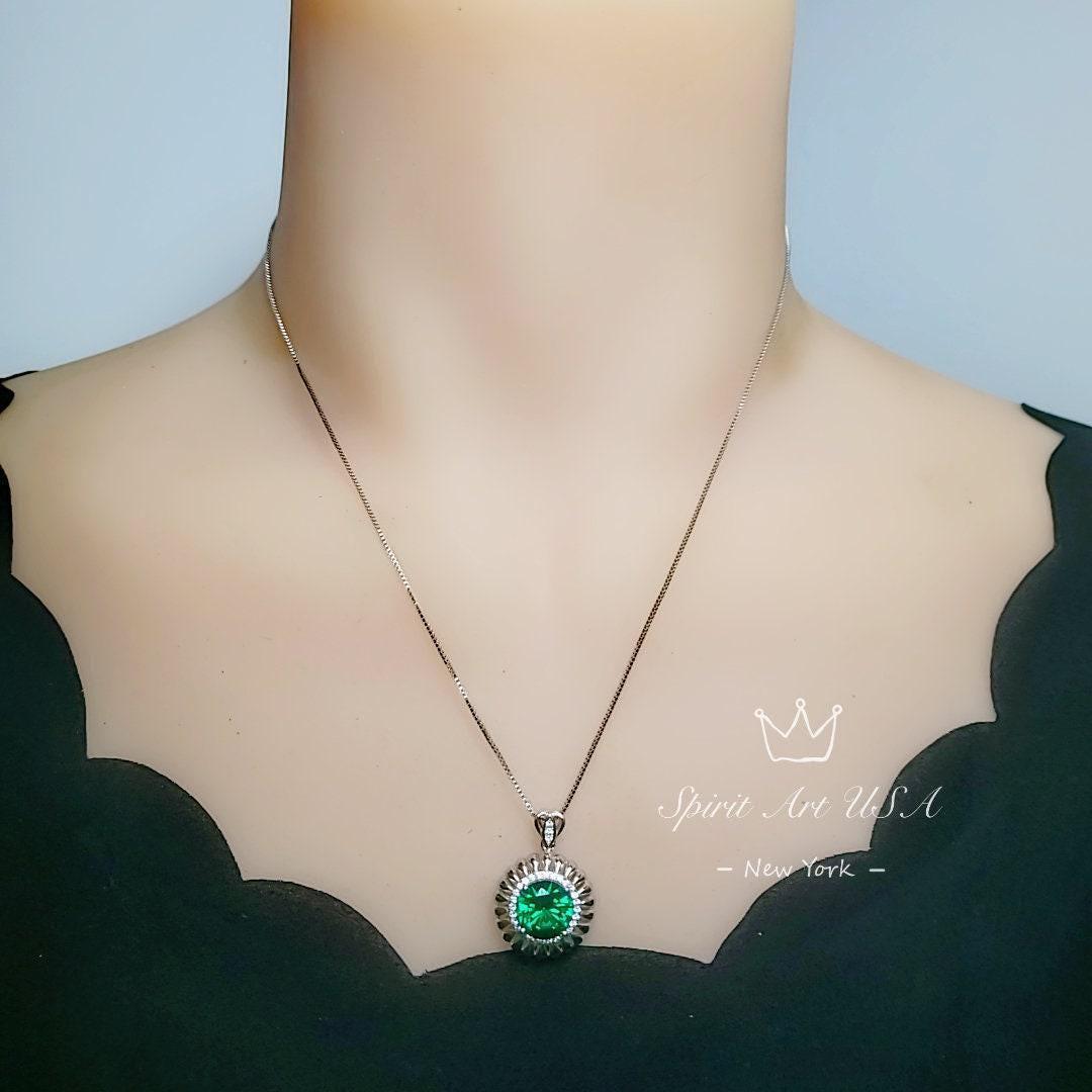 Large Emerald Necklace - Sterling Silver Sunflower Sun Necklace 4 Ct Green Gemstone Halo Emerald May Birthstone Gift #491