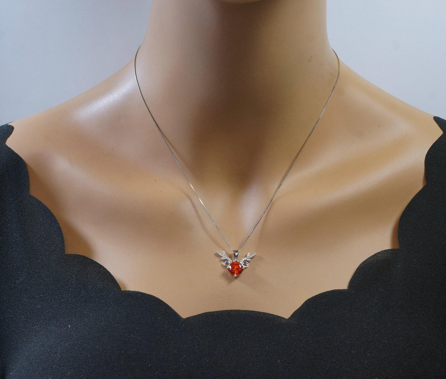 Orange Sunstone Necklace - High Quality Sterling Silver 2 CT Red Orange Spessartite Garnet Deer Antler Necklace #273