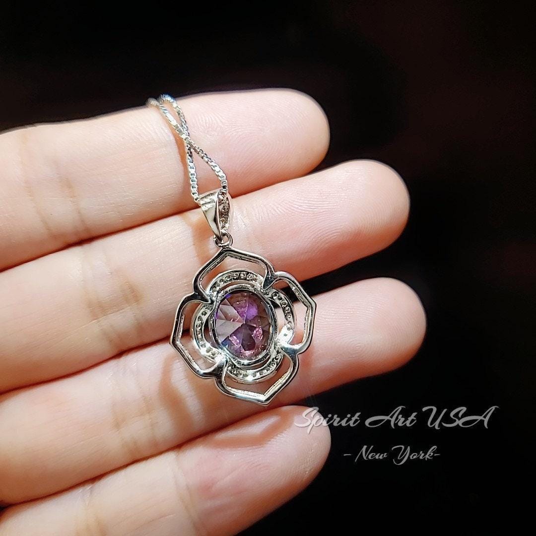 Large Mystic Topaz Necklace 4.5 ct -Sterling Silver White Gold Flower Of Life Pendant #551