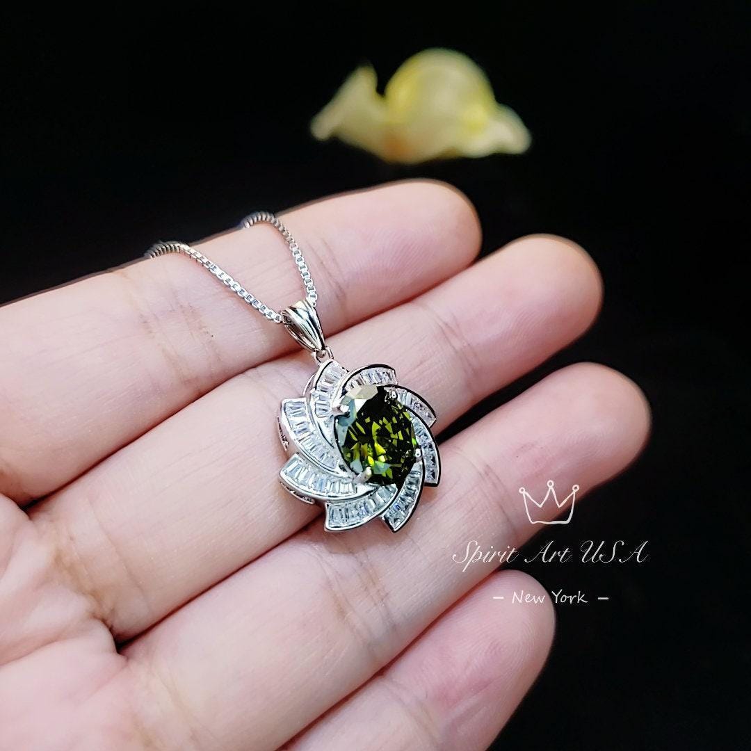 Green Peridot Spiral Necklace - White Gold coated Sterling Silver - Milky Way Spiral Galaxy Energy Vortexes Windmill Pendant #849