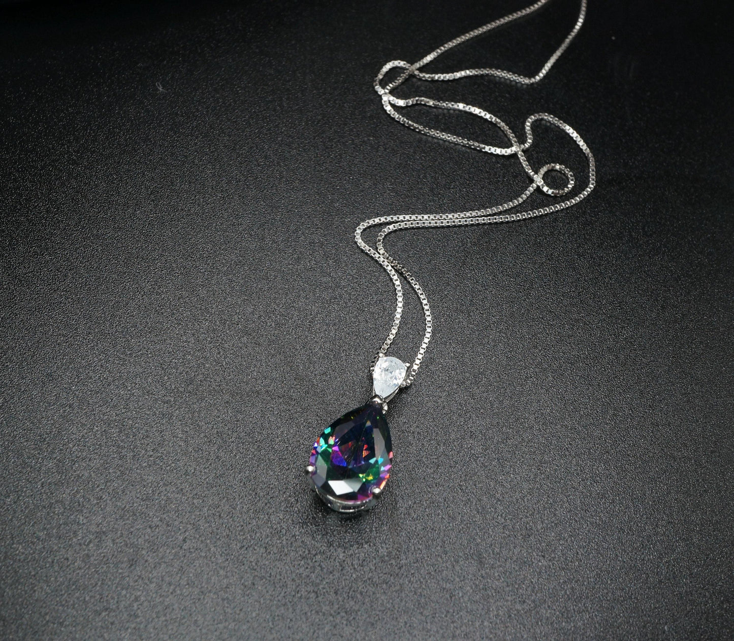 Large Teardrop Mystic Topaz Necklace - White Gold Plated Sterling Silver - Pear 6 CT Rainbow Topaz Pendant #565