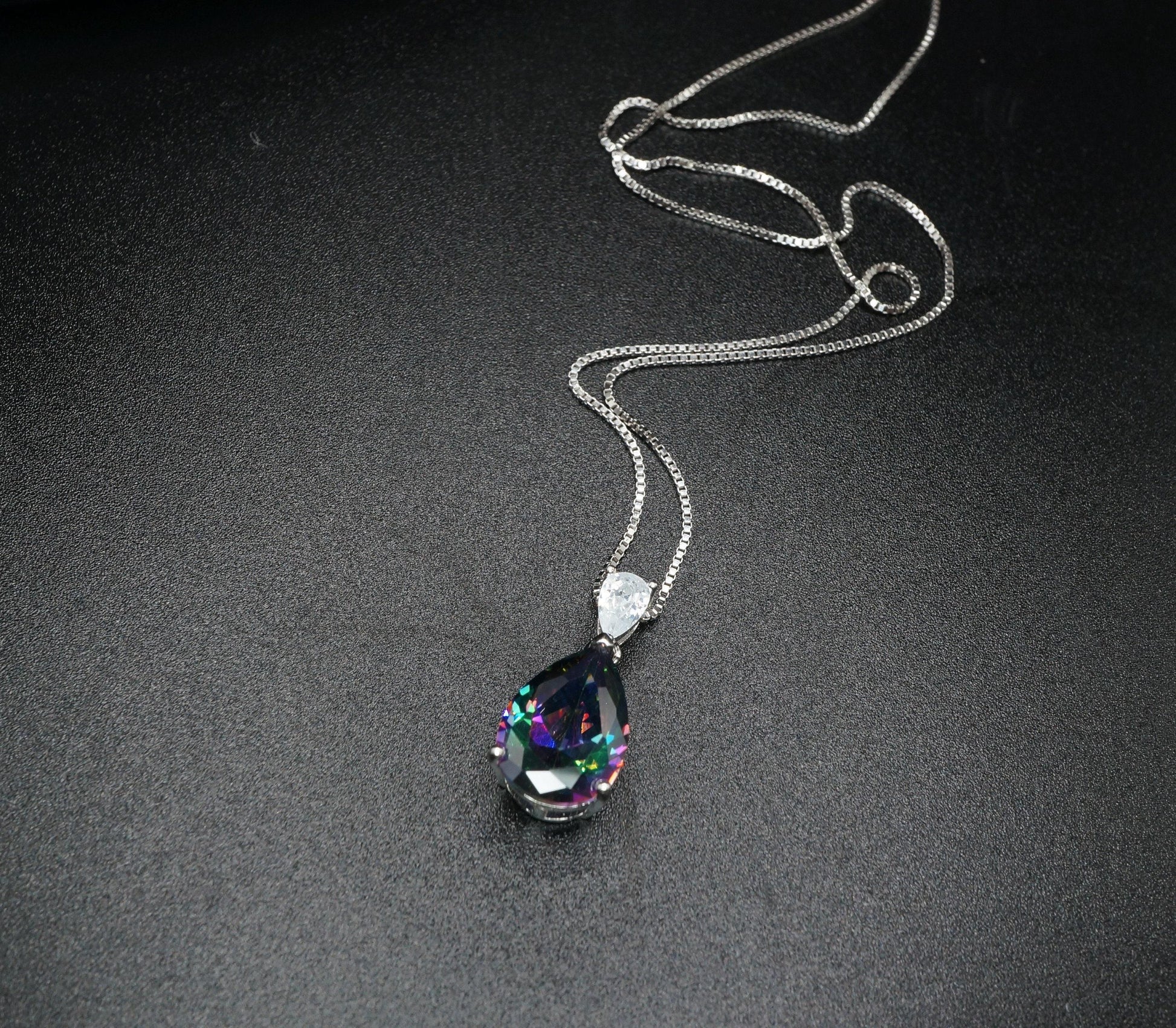 Large Teardrop Mystic Topaz Necklace - White Gold Plated Sterling Silver - Pear 6 CT Rainbow Topaz Pendant #565