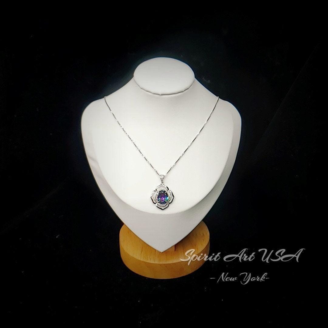 Large Mystic Topaz Necklace 4.5 ct -Sterling Silver White Gold Flower Of Life Pendant #551