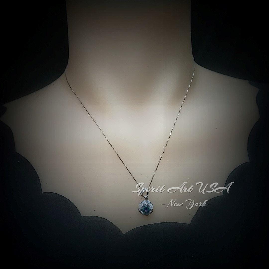 Mystic Topaz Necklace Rose Flower Style - 18kgp Sterling Silver - Dainty Round Cut Gemstone Halo Rainbow Mystic Topaz Pendant #401