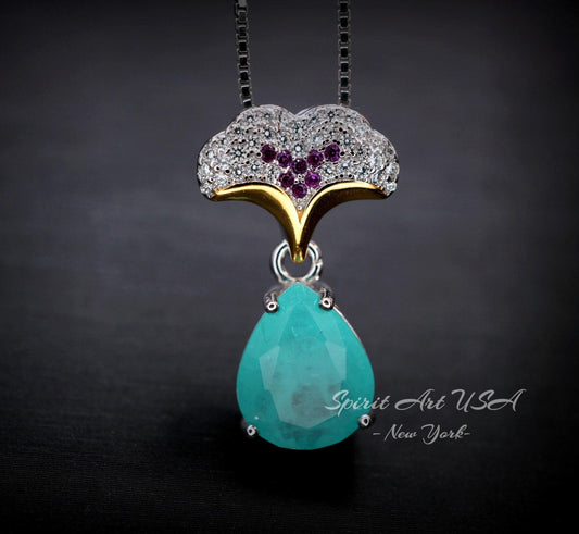 Paraiba Tourmaline Necklace - Ginkgo biloba Pendant - 18KGP Sterling Silver Large Teardrop 3.5 CT Paraiba Pendant Diamond Leaf Jewelry #685