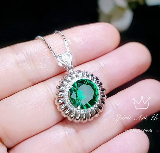 Large Sun Emerald Necklace - Sterling Silver Sunflower Necklace 4 Ct Gemstone Halo Emerald Pendant - White Gold Emerald Jewelry #491