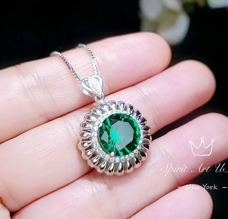 Large Emerald Necklace - Sterling Silver Sunflower Sun Necklace 4 Ct Green Gemstone Halo Emerald May Birthstone Gift #491