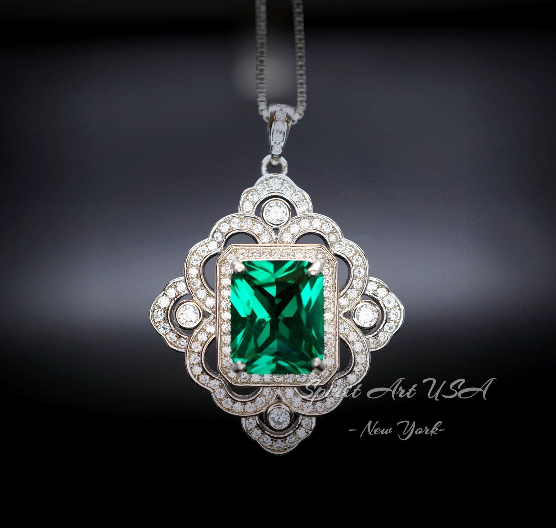 Gorgeous Green Emerald Necklace - Gemstone Flower Sterling Silver White Gold Coated - Faceted Rectangle 5 CT Emerald Pendant #878