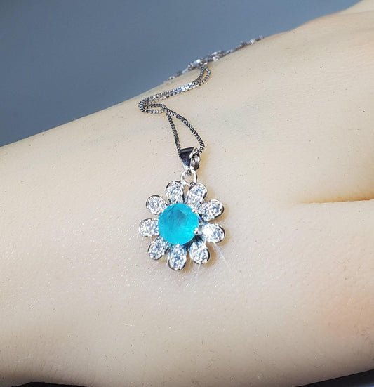 Blue Paraiba Necklace 925 Sterling Silver Sunflower pendant Blue Gemstone Jewelry Box Chain 18kgp 014