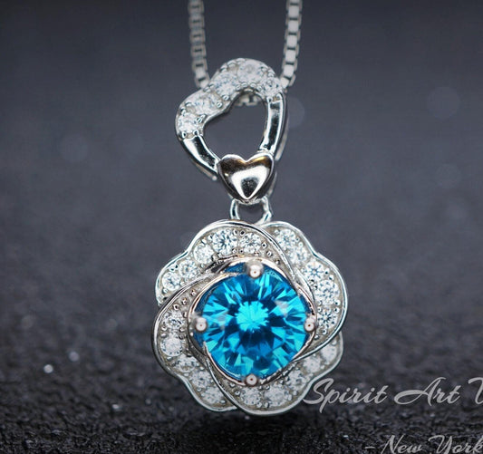 Blue Topaz Necklace - Silver Rose Flower Necklace - White Gold coated - November Birthstone - Dainty Gemstone Flower Blue Topaz Jewelry #955